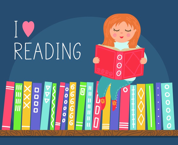 Books on the 7:47. I love reading. Little girl reading book on bookshelf. Cute vector illustration.